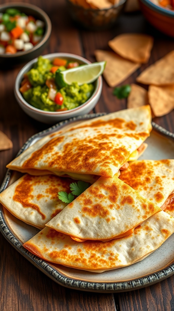 Cheesy quesadilla wedges with guacamole on a rustic plate, accompanied by salsa and tortilla chips.